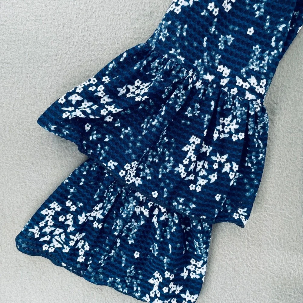 Michael Kors Women 2 Piece Floral Seersucker XS Tiered Bell Sleeve Ruffle Navy